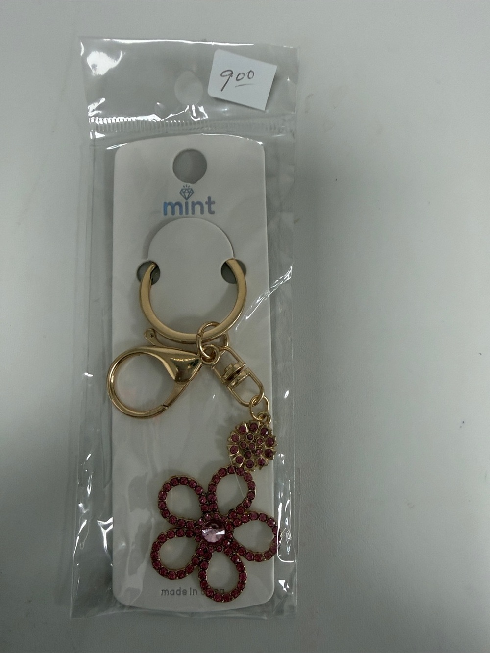 Mint Gold Keychain with Pink Crystal Flower Charms